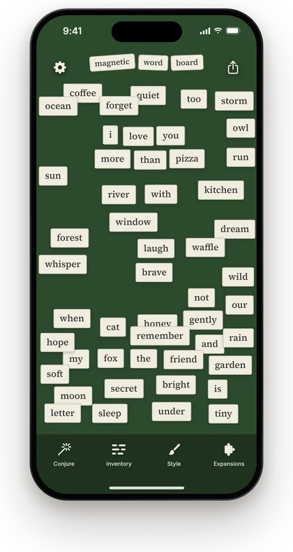 Magnetic Word Board in the Chalkboard style: word magnets on a green chalkboard