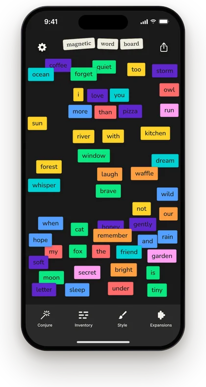 Magnetic Word Board in the Colorful style: word magnets on bright multicolored tiles on black