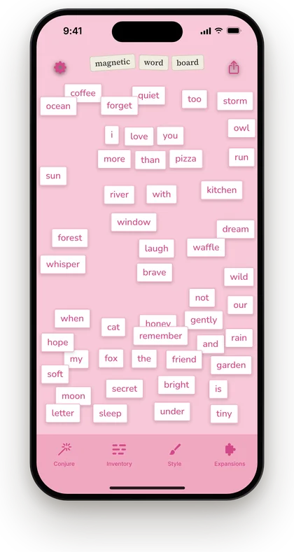 Magnetic Word Board in the Cotton Candy style: word magnets on pink