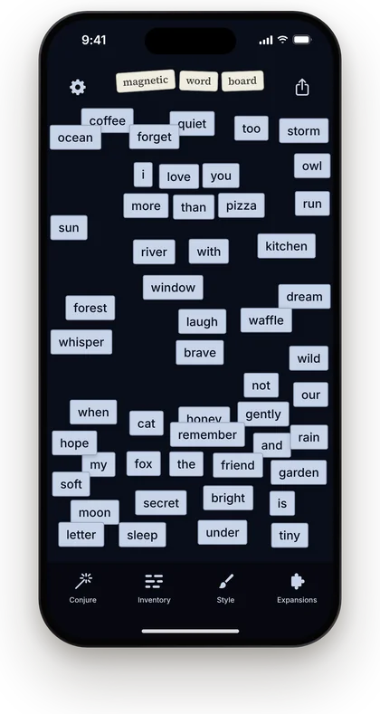 Magnetic Word Board in the Midnight style: word magnets on deep navy