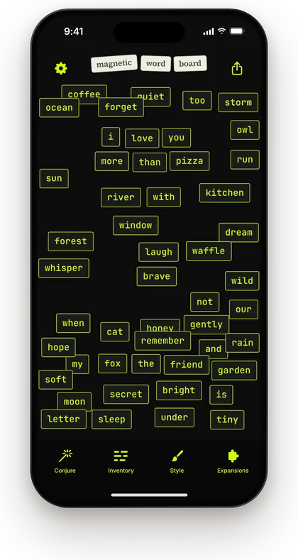 Magnetic Word Board in the Neon style: word magnets on glowing yellow-green outlines on black