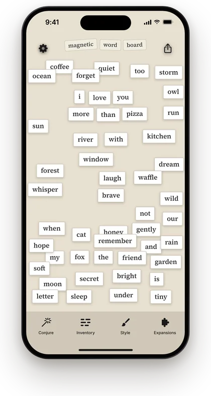 Magnetic Word Board in the Newspaper style: word magnets on newsprint beige